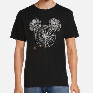 Disney Mickey Mouse Spider Web Halloween Graphic Black Tee Men Size Small NWT